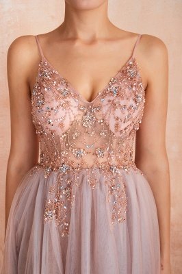 Spaghetti Straps V-neck Sheer Top Sexy Long Prom Dresses with Side Slit | Elegant Tulle Evening Dresses_16