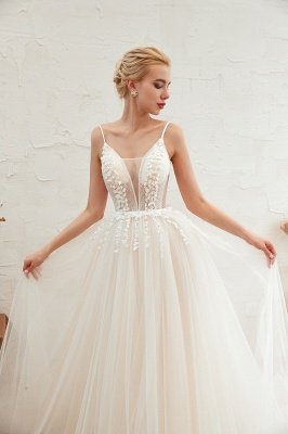 Elegant Spaghetti Straps Lace Up A-line Floor Length Lace Tulle Wedding Dresses_21