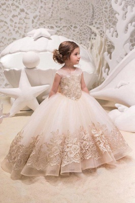 Sweet Scoop Cap Sleeve Applique Bow Ball Gown Flower Girl Dresses | Backless Puffy Little Girl Dresses For Wedding Party_1