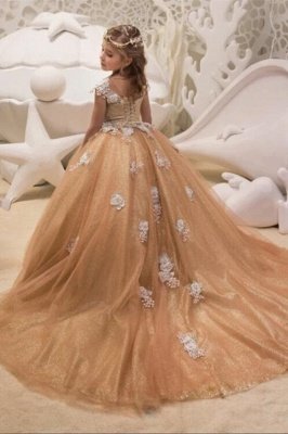 Cute Champagne Jewel Cap Sleeve Applique Pearls Ball Gown Flower Girl Dresses  | 3D Flower Ruffles Pageant Dress For Wedding Party_4
