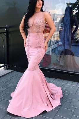 Glamorous Mermaid Sleeveless Prom Dresses | Pink Lace Floor-Long Evening Gowns_2