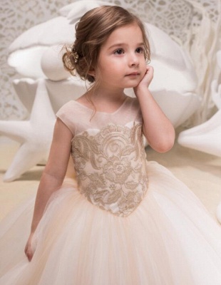 Sweet Scoop Cap Sleeve Applique Bow Ball Gown Flower Girl Dresses | Backless Puffy Little Girl Dresses For Wedding Party_3