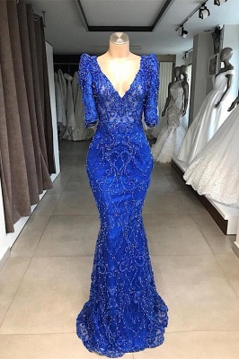 Royal Blue V-neck Half Sleeves Appliques Gorgeous Fitted Prom Gown_1
