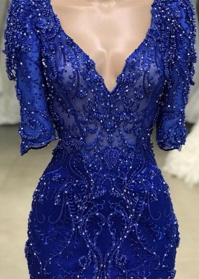 Royal Blue V-neck Half Sleeves Appliques Gorgeous Fitted Prom Gown_3