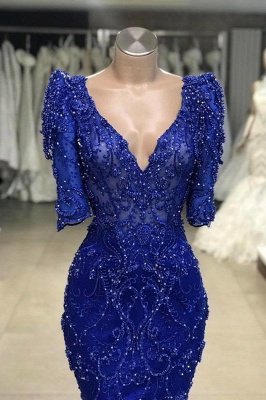 Royal Blue V-neck Half Sleeves Appliques Gorgeous Fitted Prom Gown_2