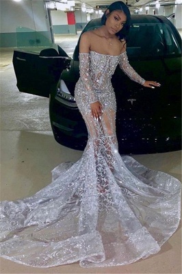 Off the Shoulder Long Sleeves Sheer Silver Prom Dresses with Sweep Train_1