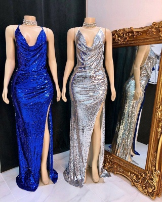 Draped Neckline Spaghetti Straps Sequined Long Prom Dresses with High Slit_2