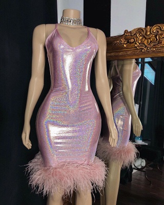 Stunning Spaghetti Straps V-neck Pink Short Prom Dresses with Fur_2