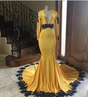 Gorgeous V-neck Long Sleeves Yellow Mermaid Prom Dresses with Lace_2