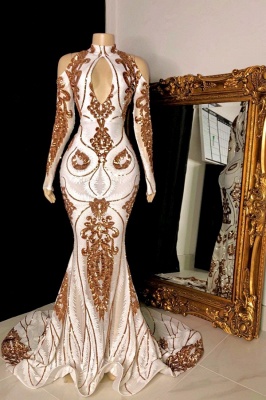 White and Gold High Neck Keyhole Long Sleeves Mermaid Prom Dresses_1