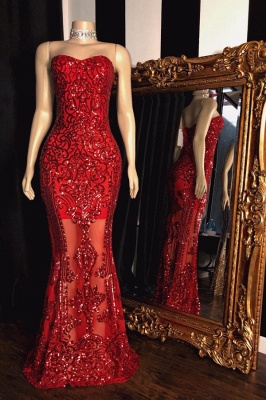 Sparkly Strapless Sweetheart Floor Length Red Prom Dresses_1