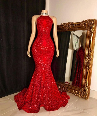 Halter Sleeveless Sequin Mermaid Red Long Prom Dresses_2