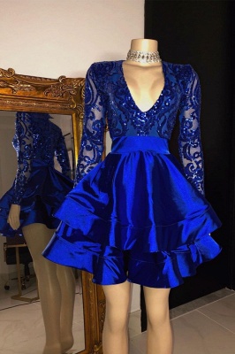 Royal Blue V-neck Long Sleeves Knee Length A-line Party Party Dresses_1
