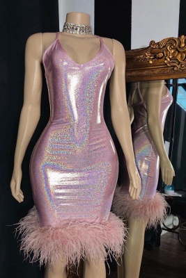 Stunning Spaghetti Straps V-neck Pink Short Prom Dresses with Fur_1