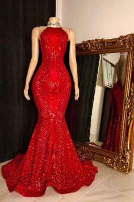 Halter Sleeveless Sequin Mermaid Red Long Prom Dresses_1