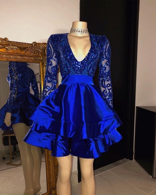 Royal Blue V-neck Long Sleeves Knee Length A-line Party Party Dresses_2