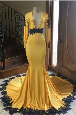 Gorgeous V-neck Long Sleeves Yellow Mermaid Prom Dresses with Lace_1