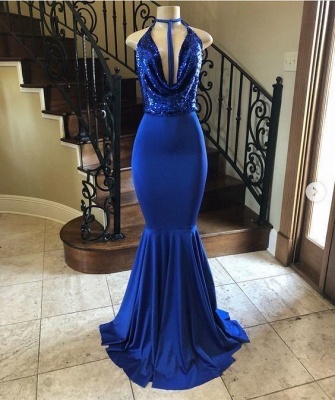 Royal Blue Draped Neckline Spaghetti Straps Long Mermaid Prom Dresses_2