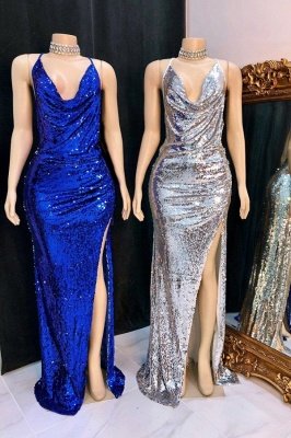 Draped Neckline Spaghetti Straps Sequined Long Prom Dresses with High Slit_1