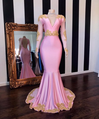 Hot Pink V-neck Long Sleeves Mermaid Prom Dresses with Appliques_2