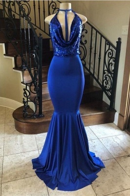 Royal Blue Draped Neckline Spaghetti Straps Long Mermaid Prom Dresses_1