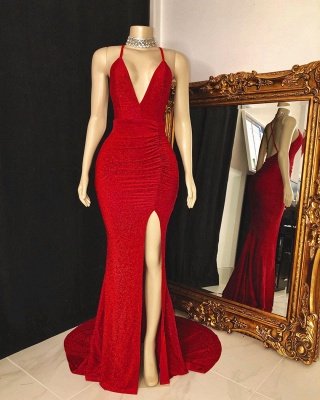 Spaghetti Straps Deep V-neck Thigh Slit Red Long Prom Dresses_2