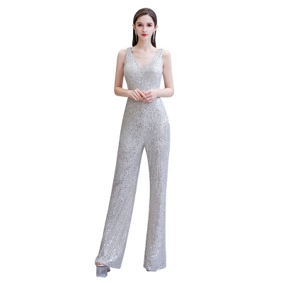 Women's Fashion V-neck Straps Sparkly Sequin Prom Jumpsuit_2