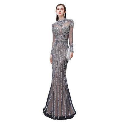 High Neck Long Sleeves Sheer Beaded Sexy Fitted Prom Dresses_11