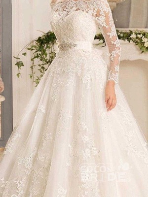 Classy Long Sleeve Off the Shoulder Appliques Lace A-Line Ruffles Wedding Dress_3