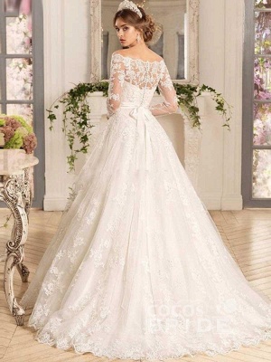 Classy Long Sleeve Off the Shoulder Appliques Lace A-Line Ruffles Wedding Dress_2