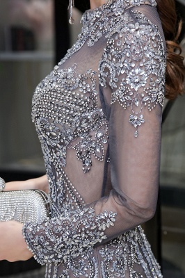High Neck Long Sleeves Sheer Beaded Sexy Fitted Prom Dresses_13