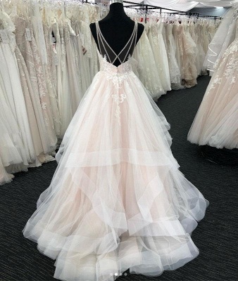 Chic V-Neck A-Line Sleeveless Floor length Tulle Wedding Dress with Ruffles_2