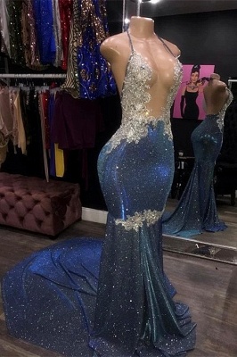 Spaghetti Straps V-neck Appliques Mermaid Metallic Navy Blue Prom Dresses_1