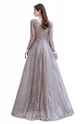 V-neck Long Sleeves Floor Length Lace A-line Gorgeous Prom Dresses_15