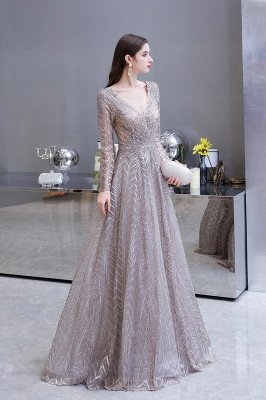 V-neck Long Sleeves Floor Length Lace A-line Gorgeous Prom Dresses_10