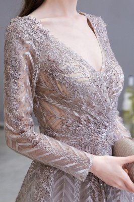 V-neck Long Sleeves Floor Length Lace A-line Gorgeous Prom Dresses_9