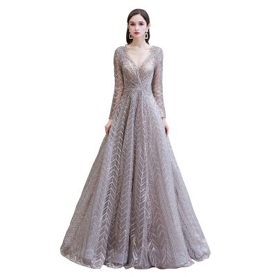 V-neck Long Sleeves Floor Length Lace A-line Gorgeous Prom Dresses_11