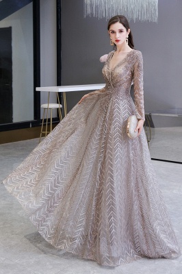 V-neck Long Sleeves Floor Length Lace A-line Gorgeous Prom Dresses_4