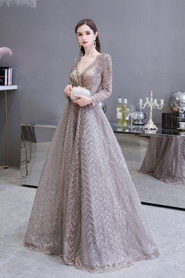 V-neck Long Sleeves Floor Length Lace A-line Gorgeous Prom Dresses_3