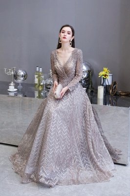 V-neck Long Sleeves Floor Length Lace A-line Gorgeous Prom Dresses_16