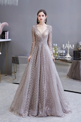 V-neck Long Sleeves Floor Length Lace A-line Gorgeous Prom Dresses_2