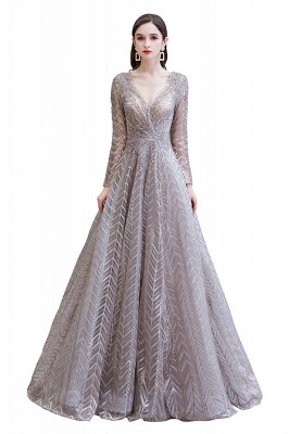V-neck Long Sleeves Floor Length Lace A-line Gorgeous Prom Dresses_1