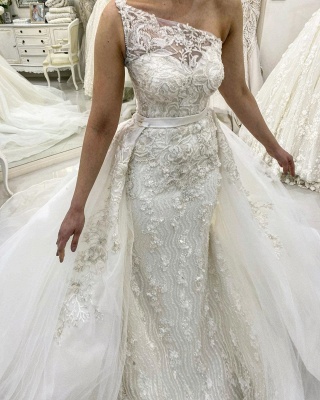 One Shoulder Sleeveless Lace Detachable Skirt Overlay Wedding Dresses_2