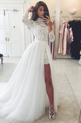 High Neck Long Sleeves Lace Wedding Dresses With Detachable Train_1