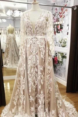 V-neck Long Sleeves Sheath Detachable Skirt Overlay Wedding Dresses_1