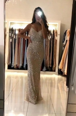 Mermaid V-neck Spaghetti Straps Tulle Prom Dress with Beadings_1