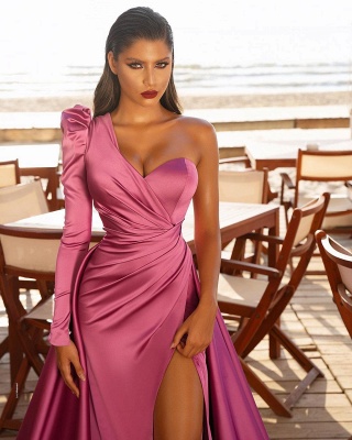One Shoulder Prom Dresses Satin Side Split Evening Maxi Gowns_3