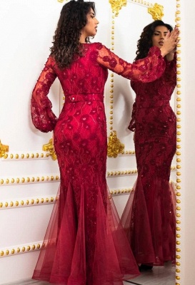 Amazing Red Deep V-neck Long Putty Sleeves Appliques Lace Tulle Mermaid Prom Dress_2