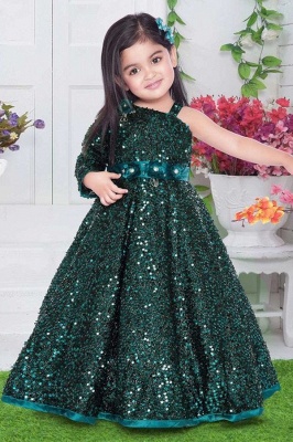 Sparkly Sequined One-Shoulder Princess Flower Girl Dress with Flowers_1