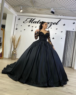 Black Lace Prom Dresses Ball Gowns Satin Evening Gowns_4